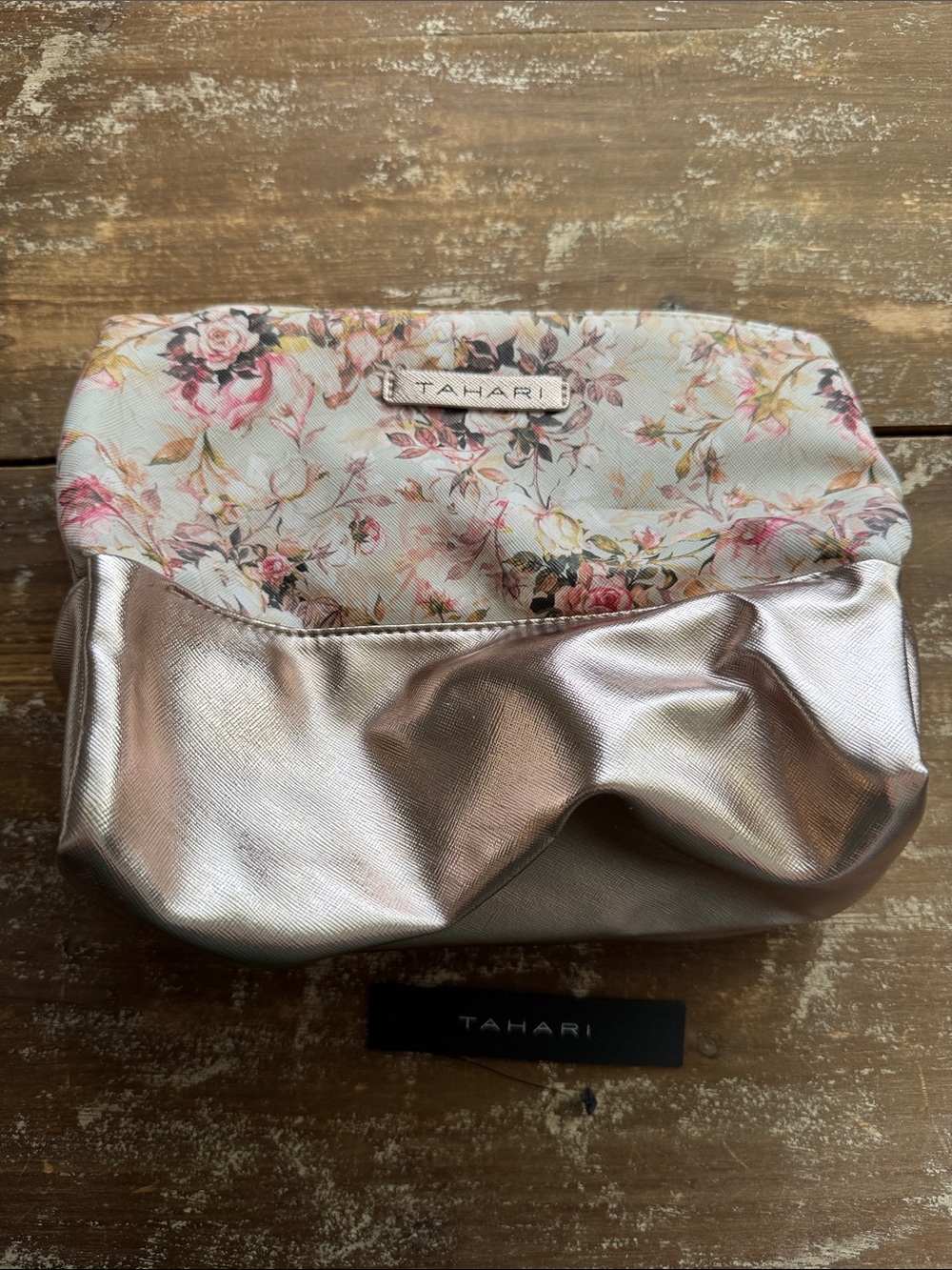 NWT Tahari Pink Floral Cosmetic Pouch with Metallic Rose